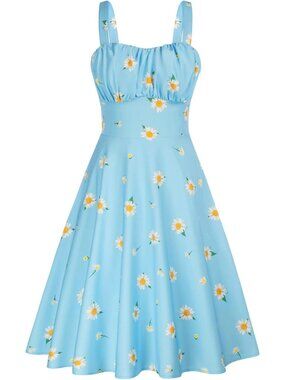 Women's light Blue Daisy Floral Gingham Vintage A-Line Midi Cocktail Party Dress